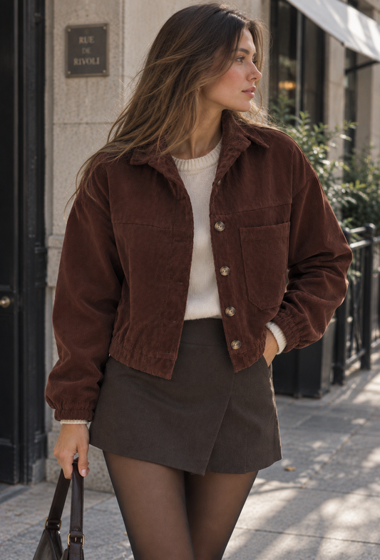 Kurze Damen-Cordjacke mit Hemdkragen und aufgesetzten Taschen – Anouk