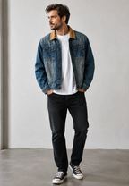 Herren-Jeansjacke mit Cordkragen im Washed-Look – Dario