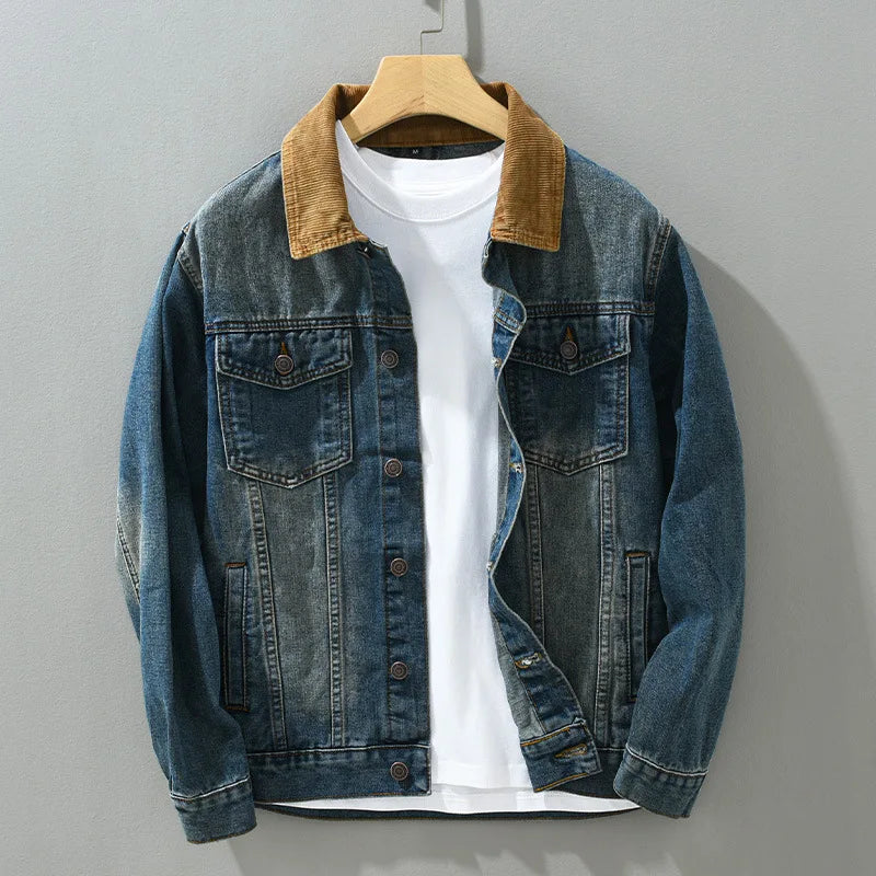 Herren-Jeansjacke mit Cordkragen im Washed-Look – Dario