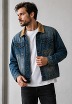 Herren-Jeansjacke mit Cordkragen im Washed-Look – Dario
