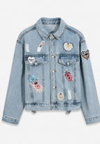 Kurze Jeansjacke für Damen mit Aufnähern im Washed-Look – Odette