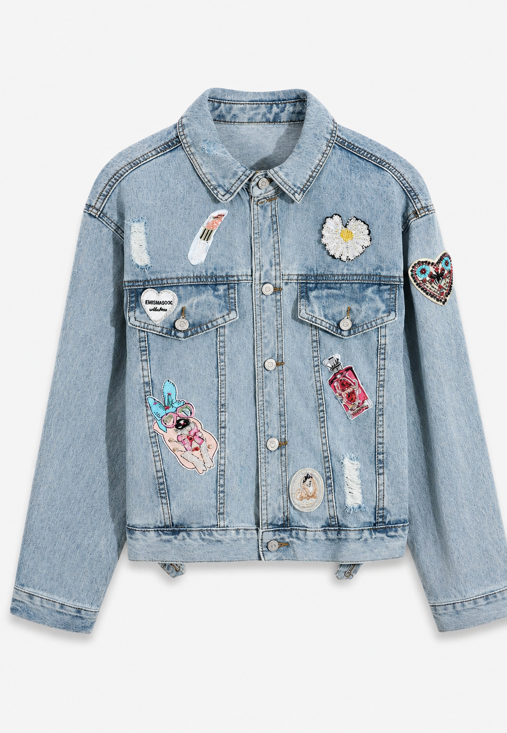 Kurze Jeansjacke für Damen mit Aufnähern im Washed-Look – Odette