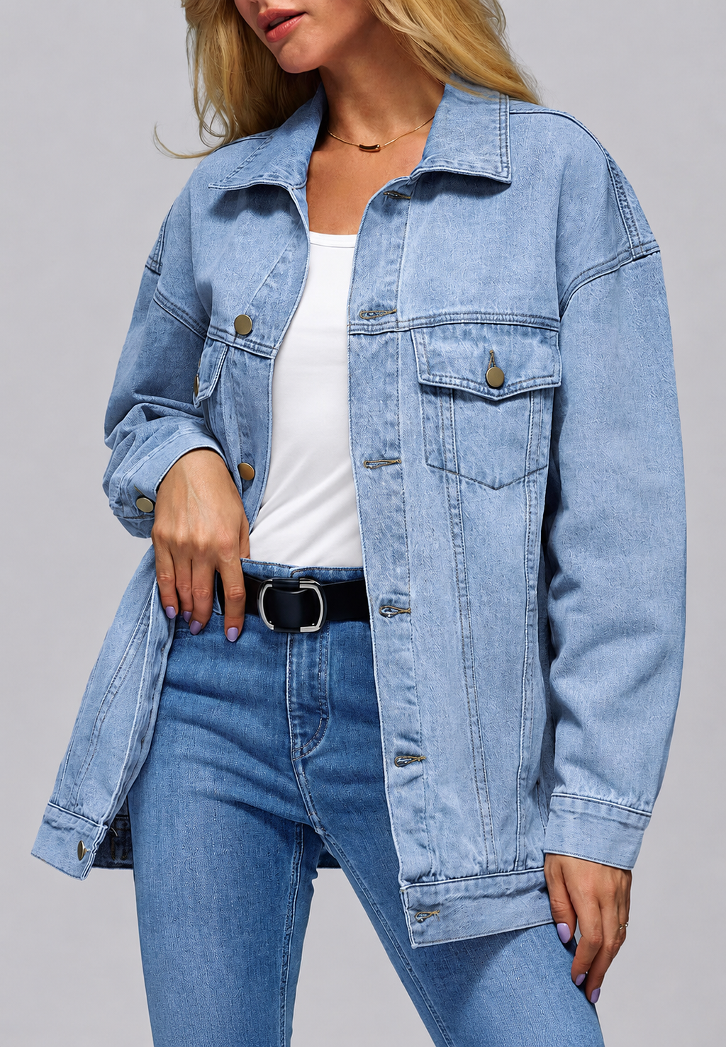 Lange Oversize-Jeansjacke für Damen mit Patten-Taschen – Eira