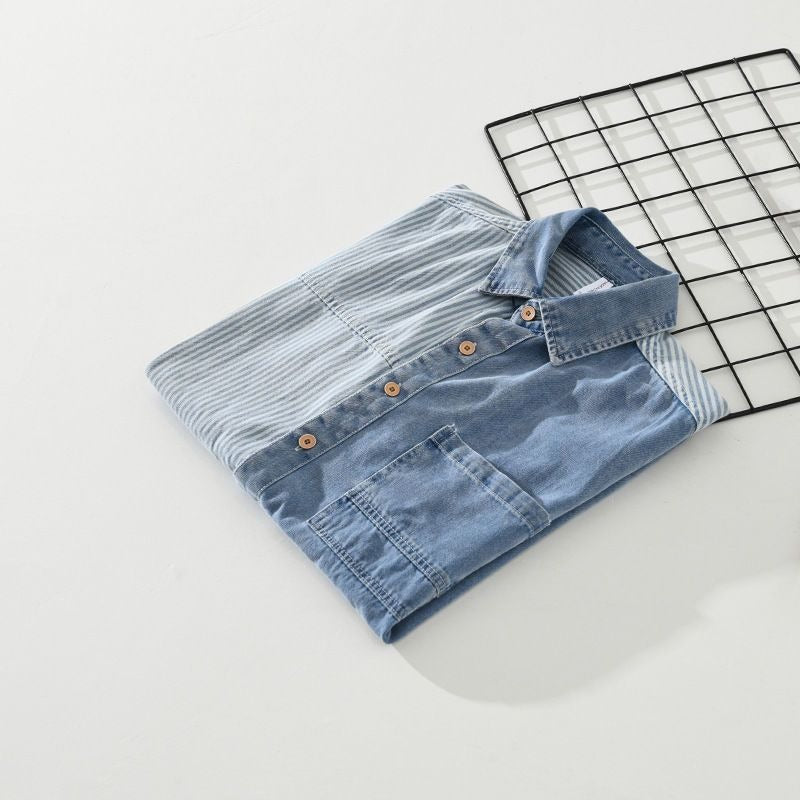 Herrenhemd Denim Patchwork gestreift kurzarm - Elías