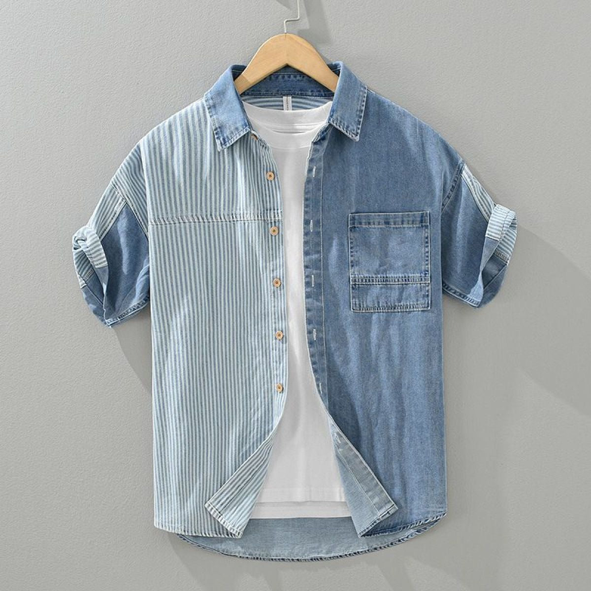 Herrenhemd Denim Patchwork gestreift kurzarm - Elías