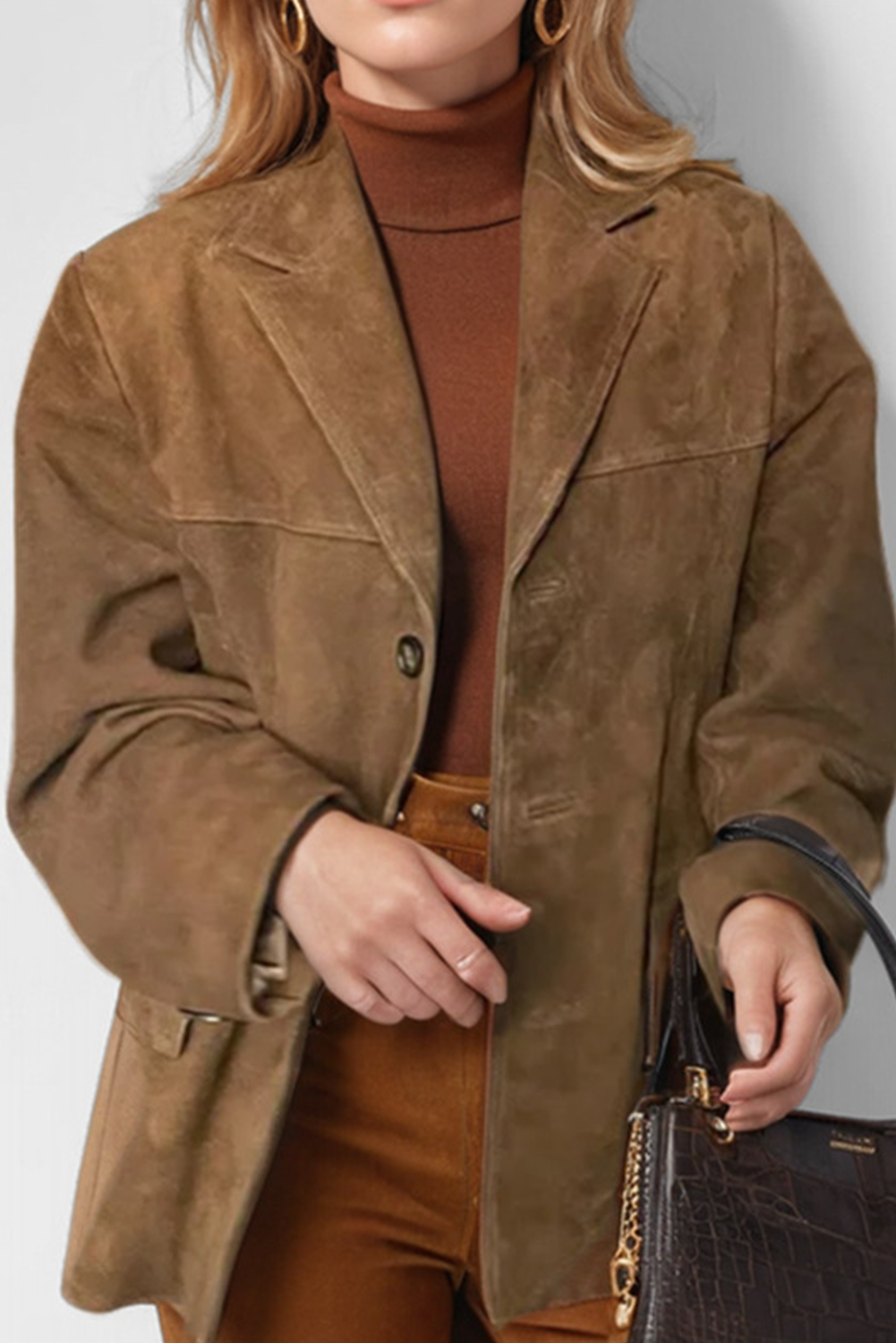 Coralie - Vintage-Kaffeejacke mit Revers, Pattentaschen und Knöpfen