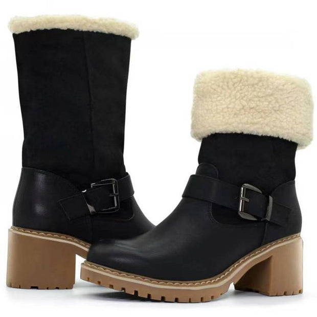 Vale - Damen Halbwadenstiefel zum Anziehen mit dickem Absatz, Schnalle und weichem Futter