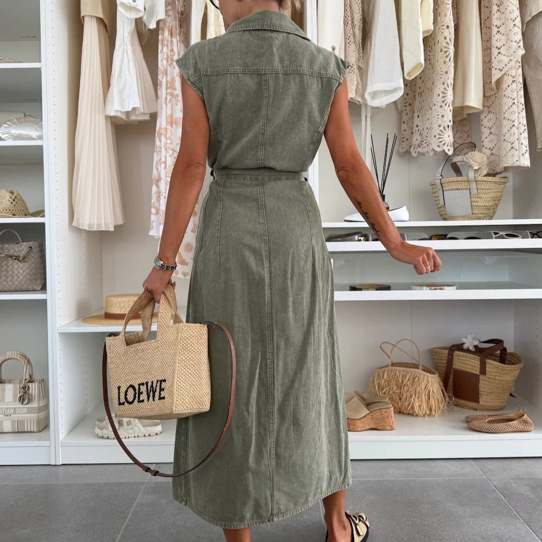 Damen Midikleid Denim ärmellos mit Knöpfen und Gürtel - Estelle
