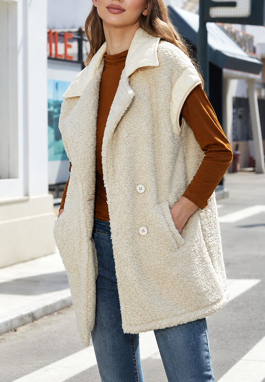 Gilet long pour femme, effet fourrure, avec revers contrastés - Margaret