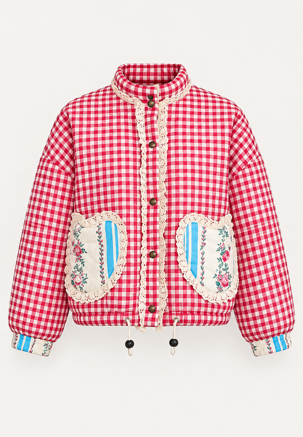 Veste matelassée femme à carreaux vichy et poches cœur - Ysoria