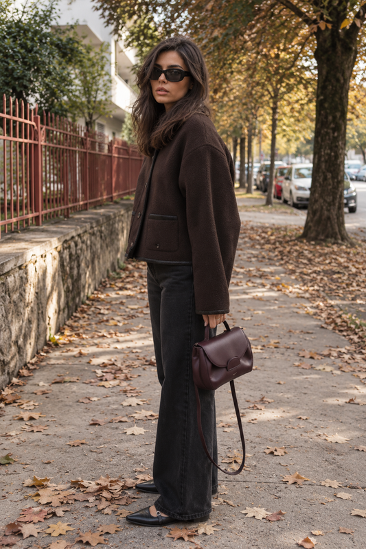Veste courte femme effet daim à boutons et bordures contrastantes - Sybille