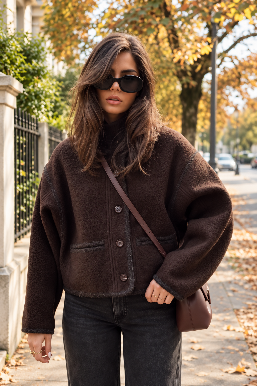 Veste courte femme effet daim à boutons et bordures contrastantes - Sybille