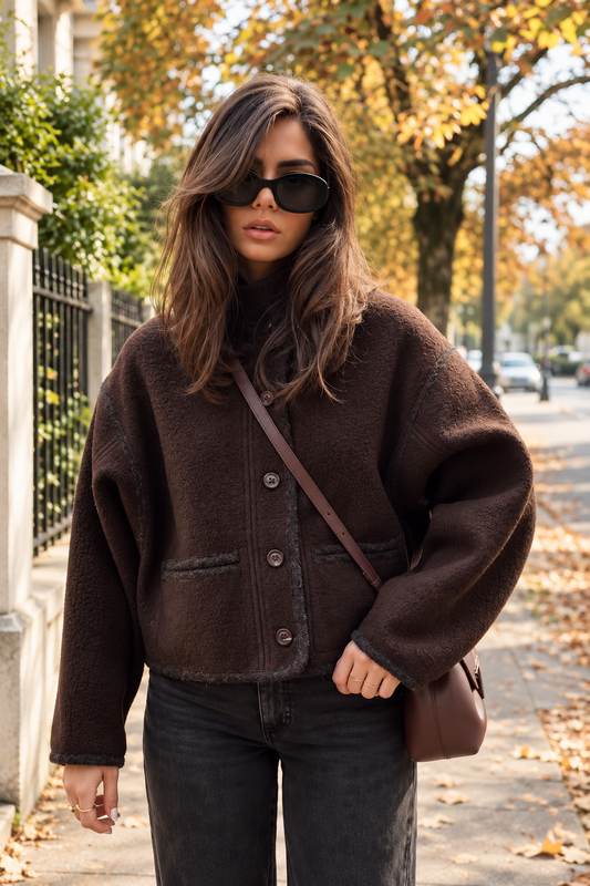 Veste courte femme effet daim à boutons et bordures contrastantes - Sybille