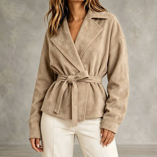 Veste courte pour femme effet daim avec ceinture et revers - Valérie