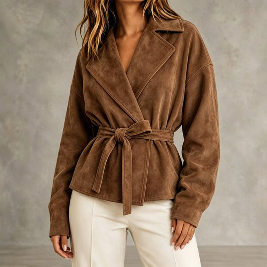 Kurze Damenjacke in Wildlederoptik mit Gürtel und Revers – Valérie
