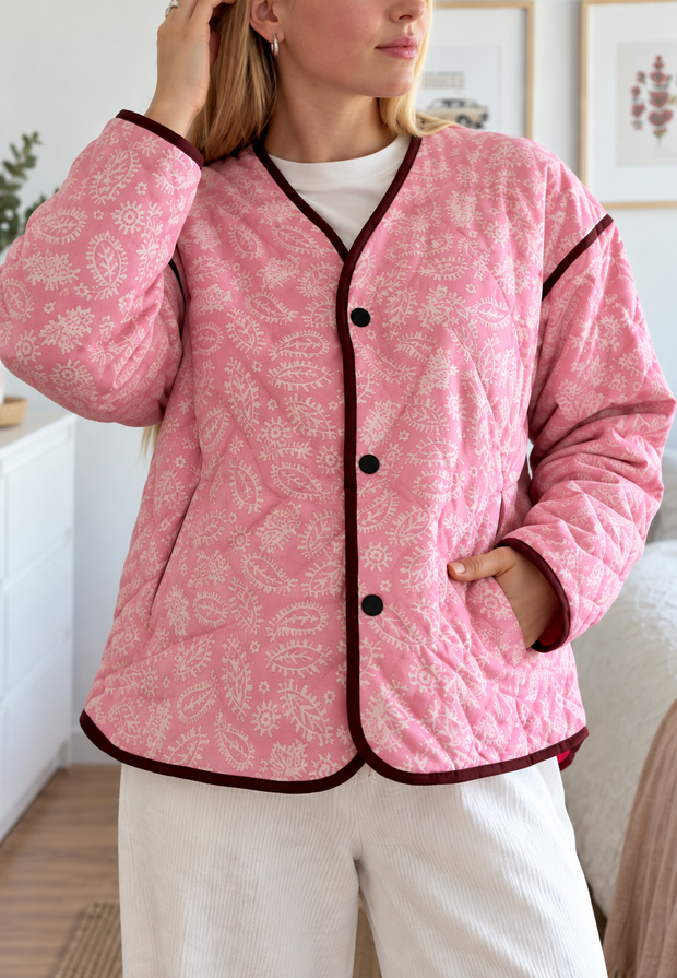 Veste courte femme à imprimé cachemire, matelassage en losanges et bordures contrastantes - Ottavia