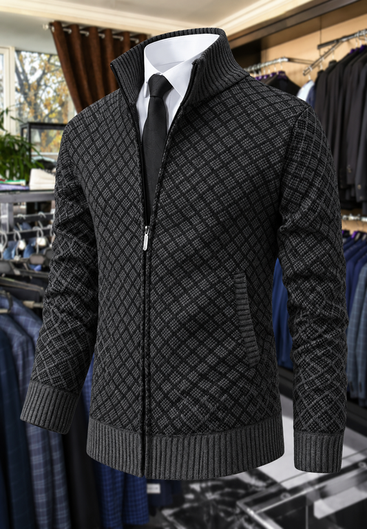 Veste en maille pour homme à motif losanges, col montant et fermeture éclair - Gaëtan