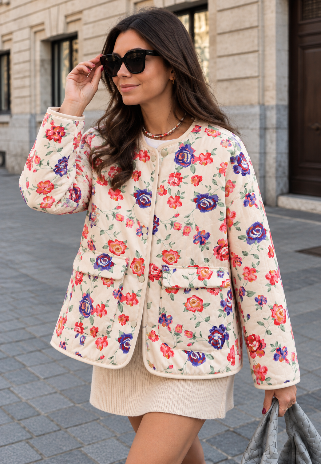 Veste fleurie femme matelassée en losanges à boutons avant - Elizabeth