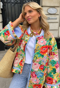 Veste fleurie femme évasée à matelassage en losanges et volants - Clotilde