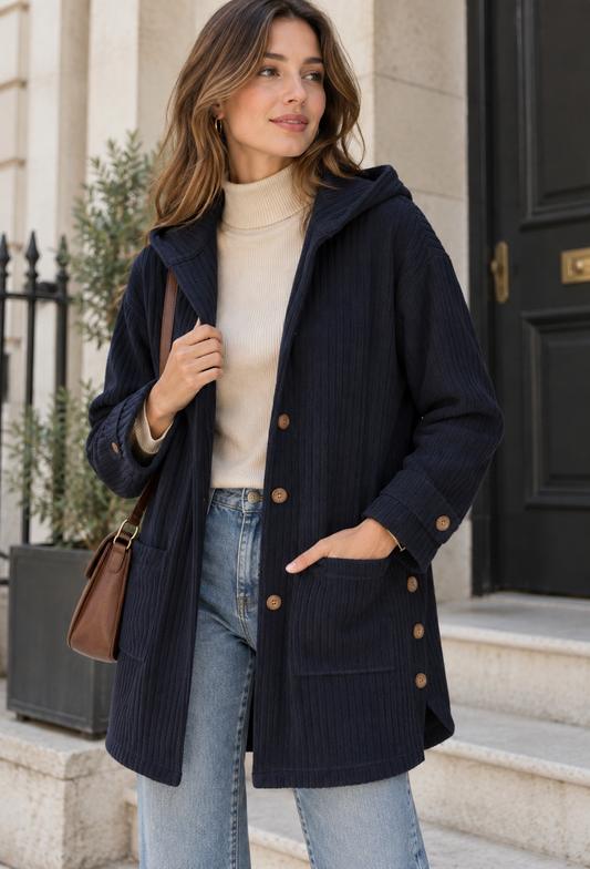 Veste longue en velours côtelé pour femme, à capuche et boutonnée - Coralie