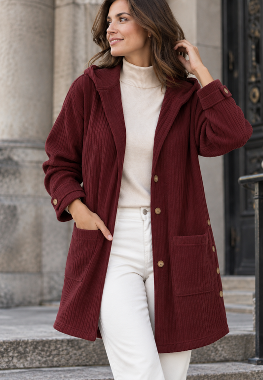 Lange Cordjacke für Damen mit Kapuze und Knopfleiste – Coralie