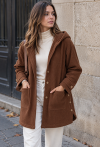 Lange Cordjacke für Damen mit Kapuze und Knopfleiste – Coralie