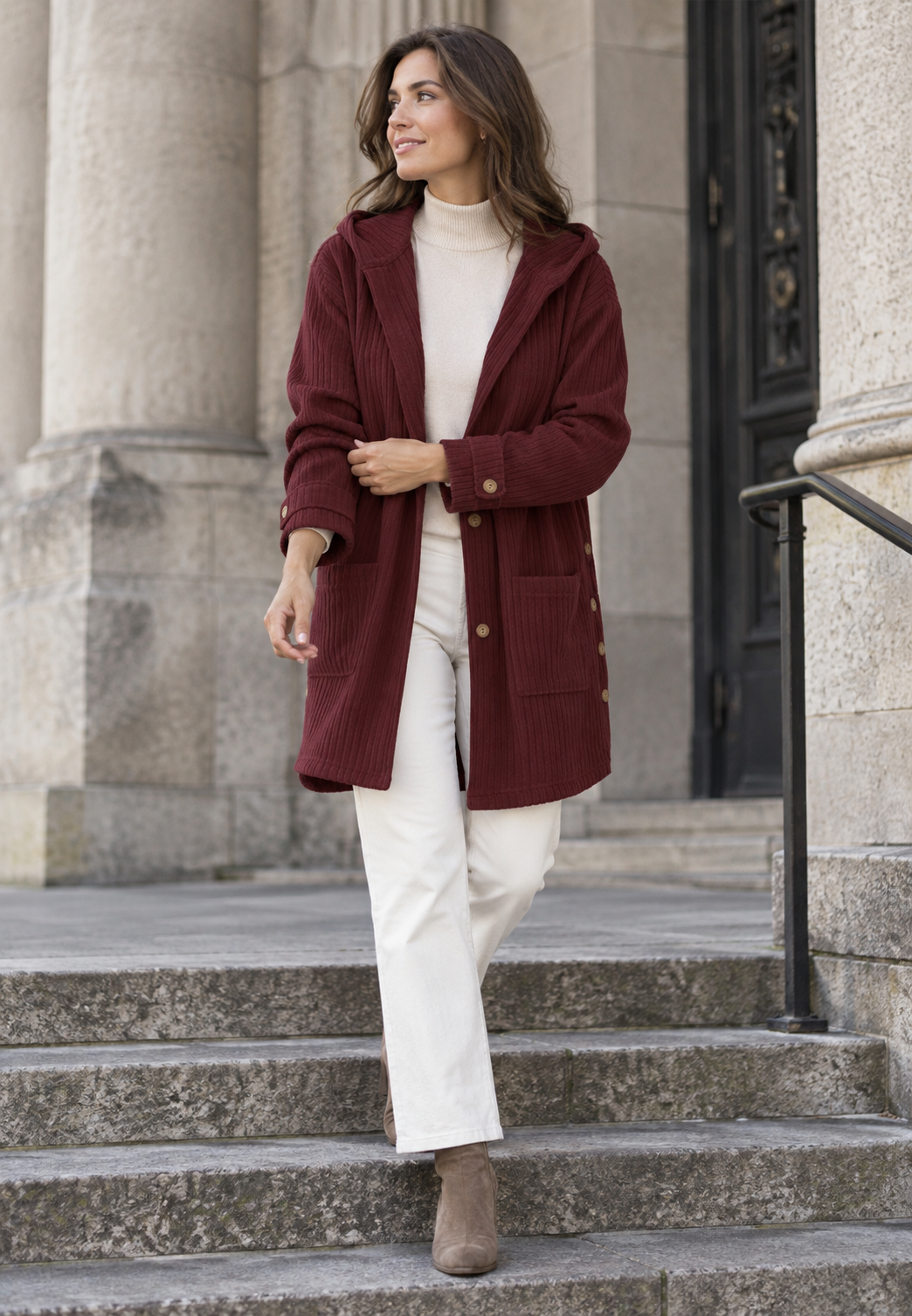 Lange Cordjacke für Damen mit Kapuze und Knopfleiste – Coralie