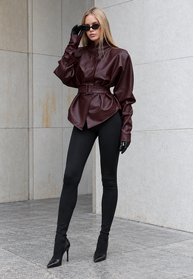 Veste femme effet cuir à ceinture ajustable et col montant - Doria