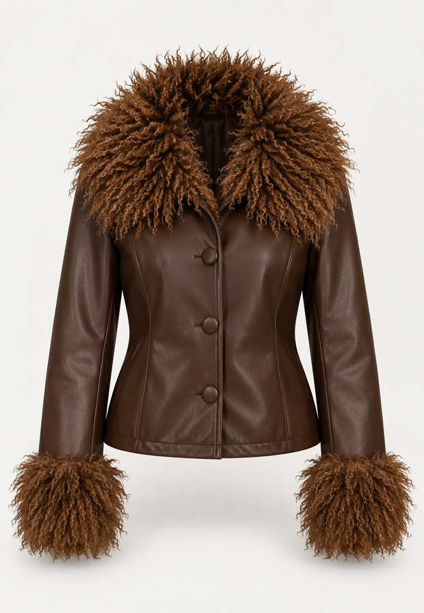 Veste femme effet cuir à coupe droite et col effet fourrure - Vianne