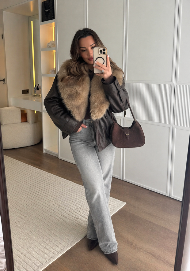 Veste femme effet cuir à large col effet fourrure - Nymera