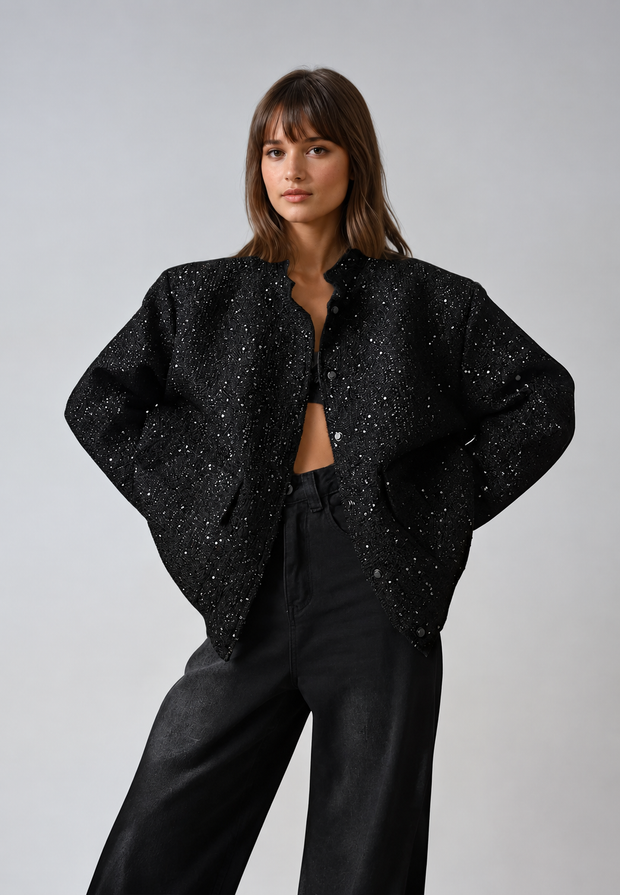 Veste femme effet tweed à sequins et col rond - Mirelle