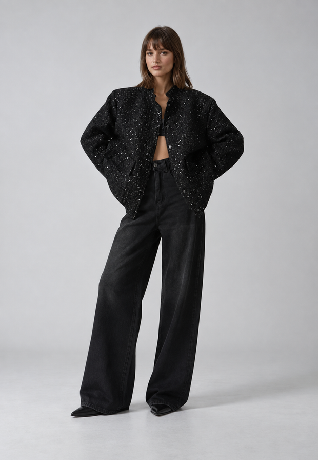 Veste femme effet tweed à sequins et col rond - Mirelle