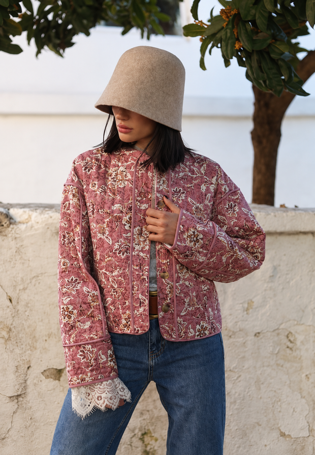 Veste femme à imprimé floral, matelassage en losanges et bordures - Orsina