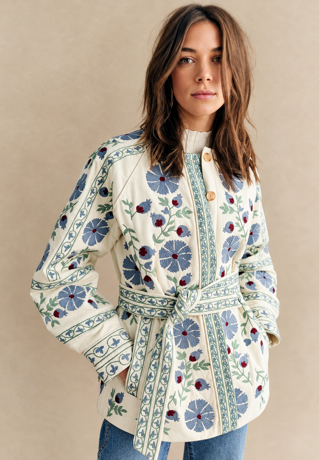 Veste fleurie femme à ceinture ajustable et manches longues - Jette