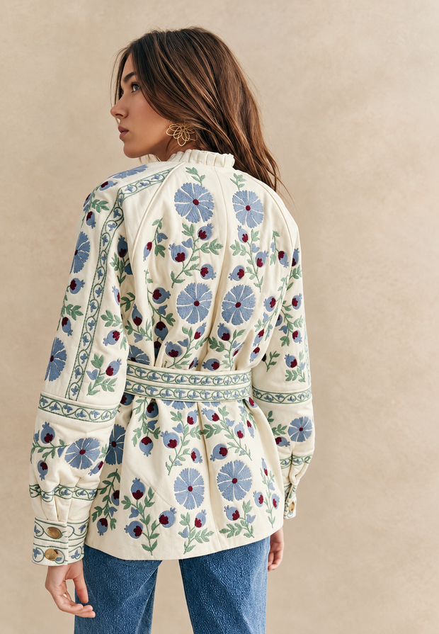 Veste fleurie femme à ceinture ajustable et manches longues - Jette
