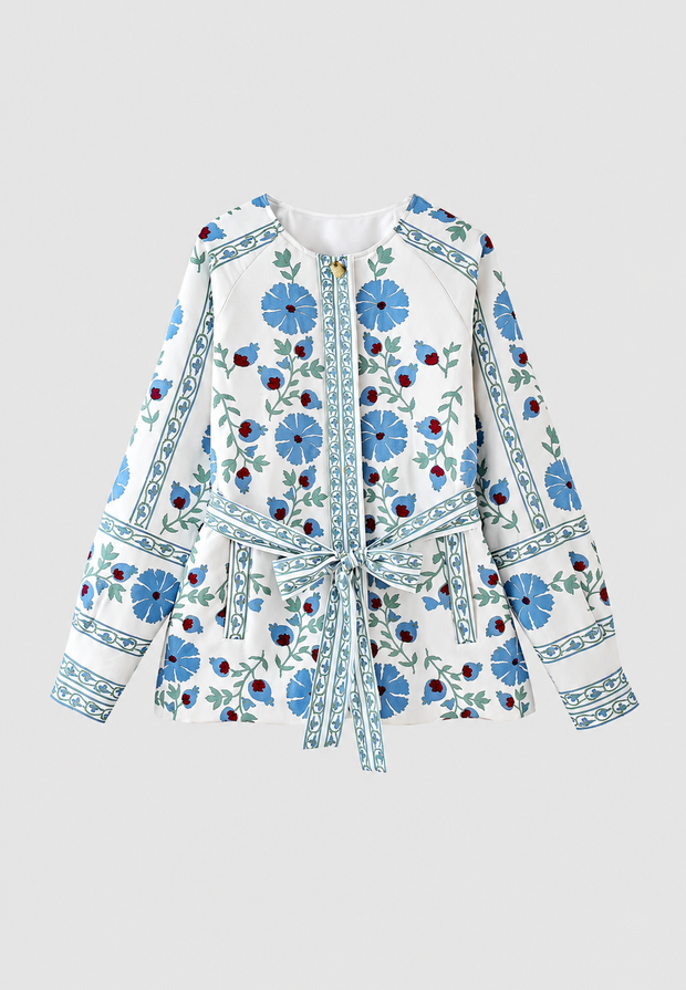 Veste fleurie femme à ceinture ajustable et manches longues - Jette