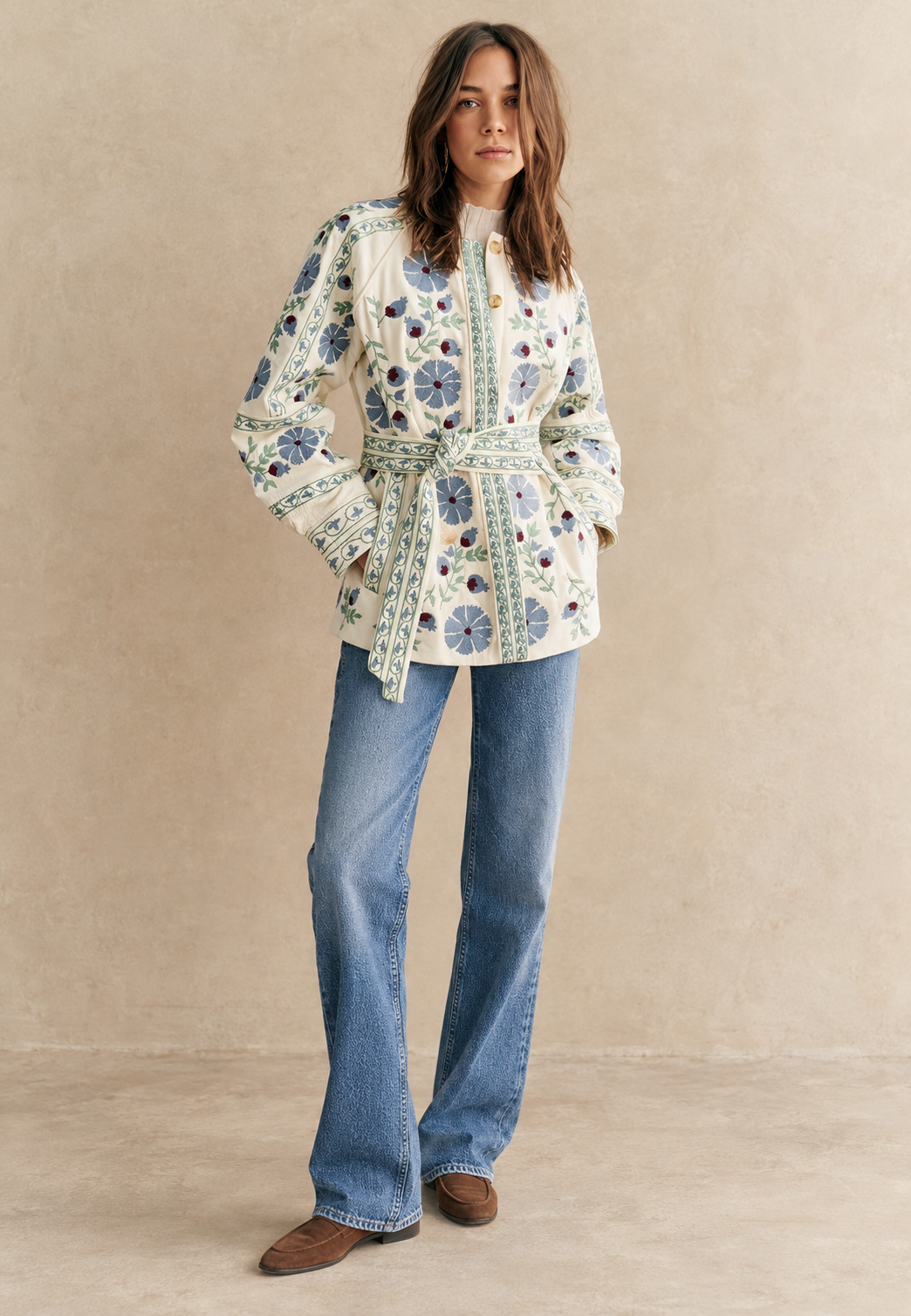Veste fleurie femme à ceinture ajustable et manches longues - Jette