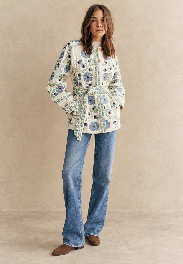 Veste fleurie femme à ceinture ajustable et manches longues - Jette