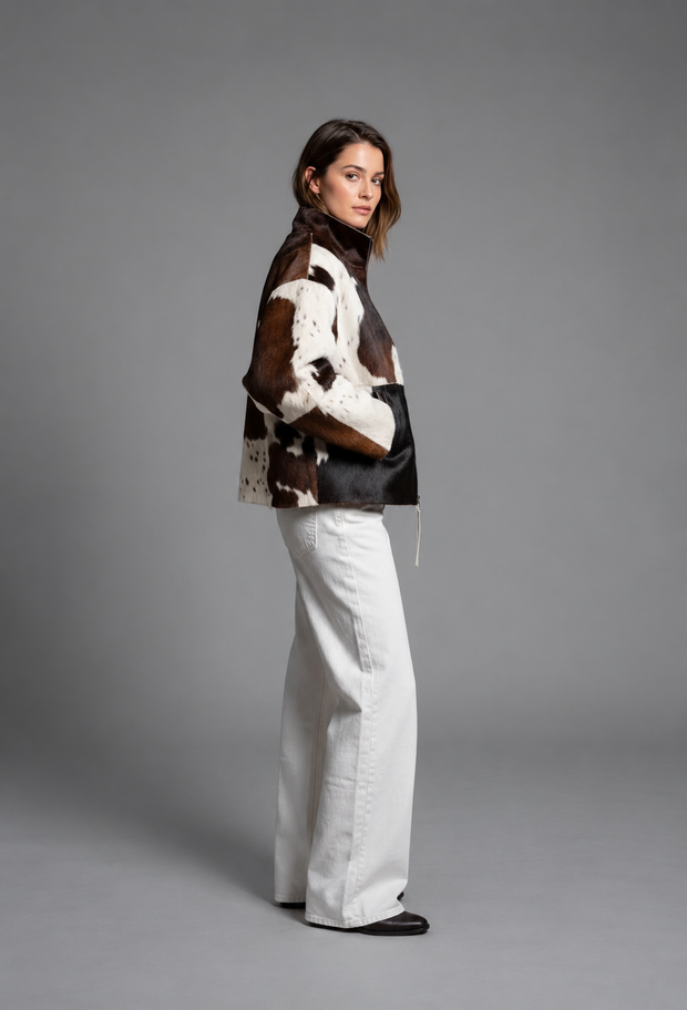 Veste femme en fourrure synthétique à motif vache, col montant - Gesine