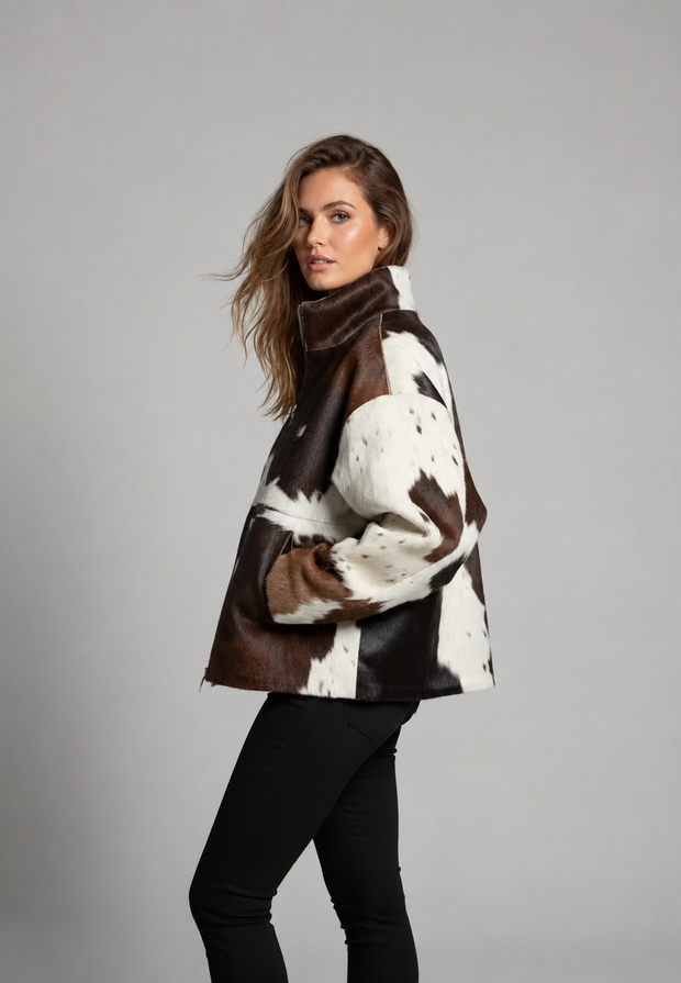 Veste femme en fourrure synthétique à motif vache, col montant - Gesine