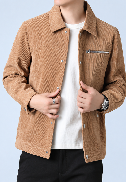 Veste en velours côtelé pour homme, col chemise, poche poitrine, fermeture éclair - Amaury