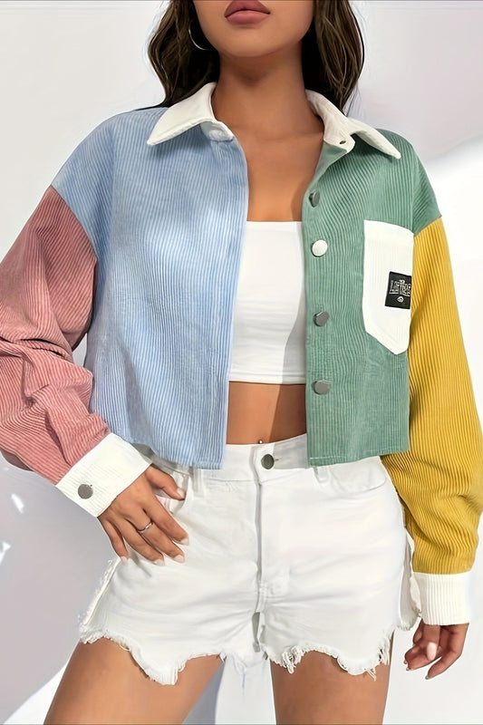 Veste en velours côtelé pour femme, motifs colorés, col contrasté, poche plaquée - Uma