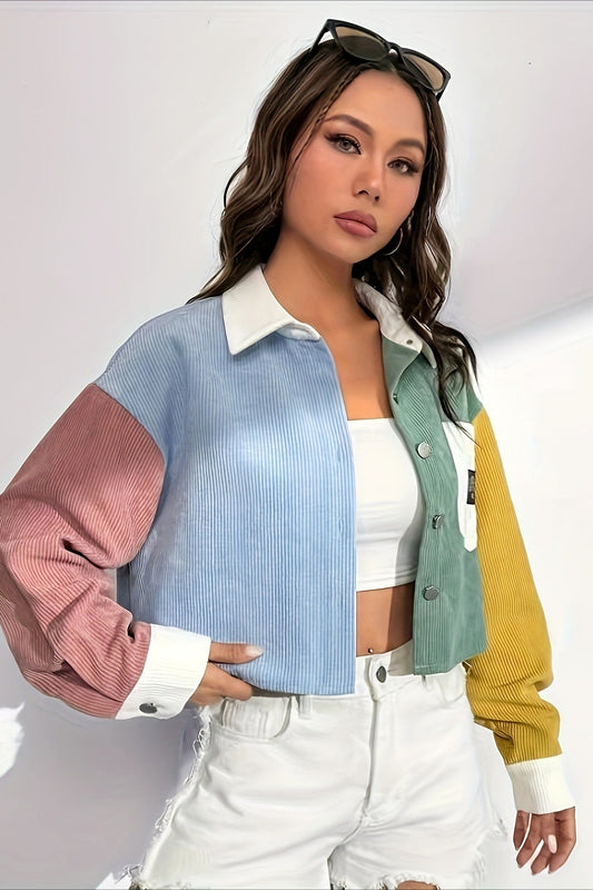 Veste en velours côtelé pour femme, motifs colorés, col contrasté, poche plaquée - Uma
