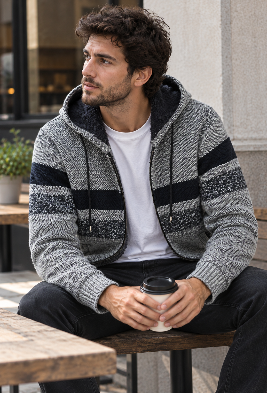 Veste en maille homme capuche réglable rayures horizontales doublure duveteuse - Rovian