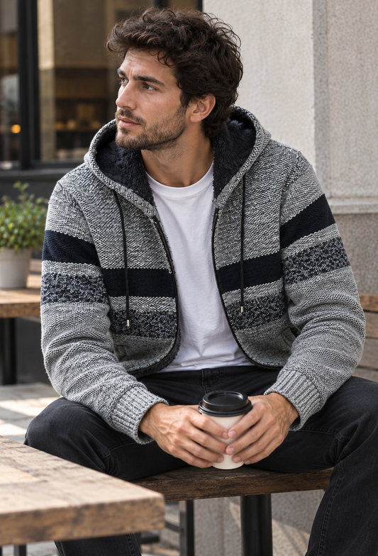 Veste en maille homme capuche réglable rayures horizontales doublure duveteuse - Rovian