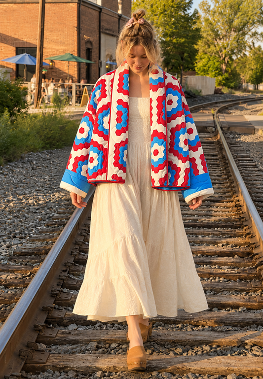 Veste kimono matelassée femme à grands motifs géométriques - Odette