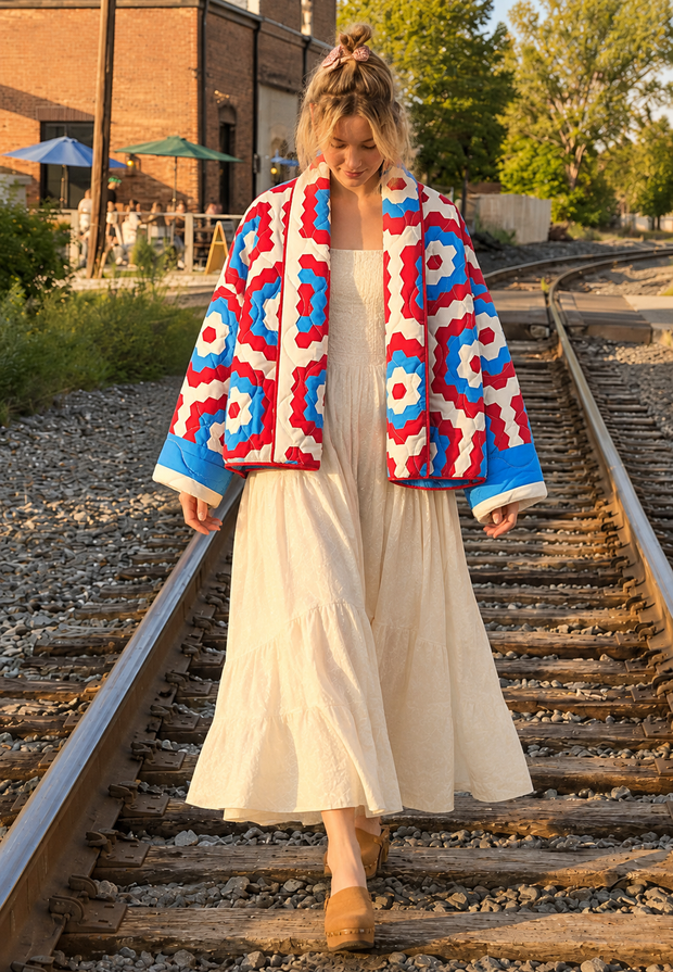Veste kimono matelassée femme à grands motifs géométriques - Odette