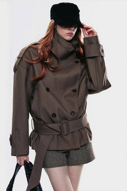 Trench-coat femme à double boutonnage, col asymétrique et ceinture - Iris