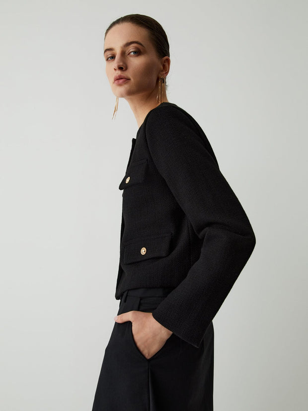 Veste courte en tweed pour femme, boutons dorés, col rond - Miriam