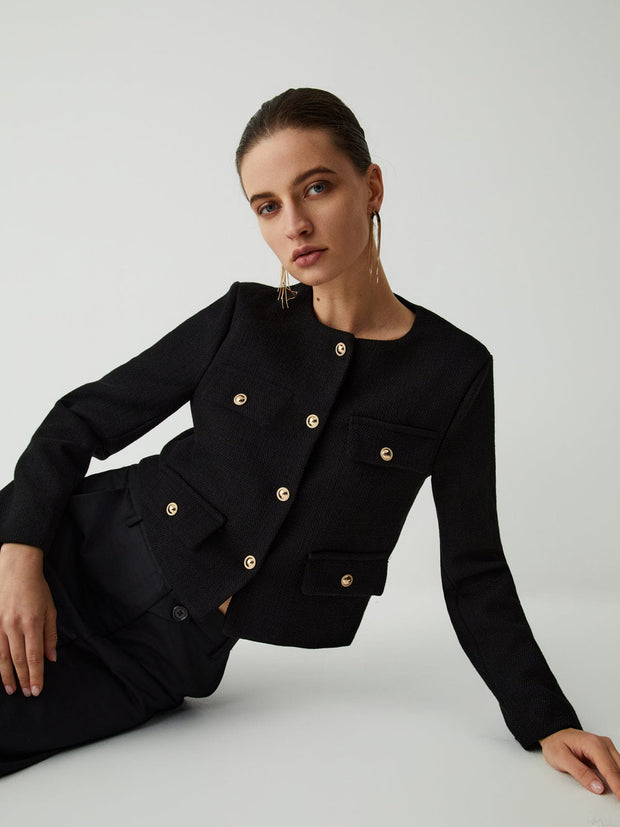 Veste courte en tweed pour femme, boutons dorés, col rond - Miriam